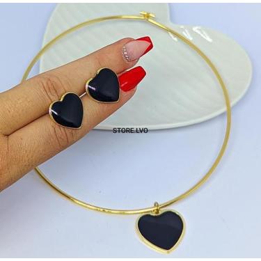 Imagem de Kit Conjunto Colar e Brincos Choker Aro Rígido Fino com Pingente Coraç