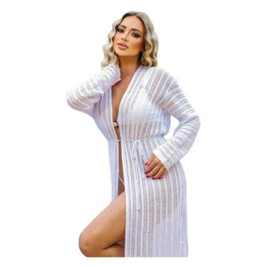 Imagem de Saída de praia Luxo Longa Kimono feminino Tricot Maxi Verão - EUC STOR