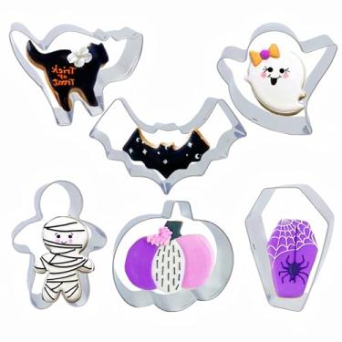 Imagem de 6 peças de moldes para cortadores de biscoito de Halloween, abóbora, fantasma, caixão, morcego, gato, múmia com instruções de decoração, formas de cozimento de férias