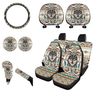 Imagem de Wanyint Aztec Wolf Dream Catcher Capa de assento de carro Conjunto de capas divididas para mulheres e homens, capa de volante de 38 cm, capa de encosto de cabeça, porta-copos para copos, capa de freio