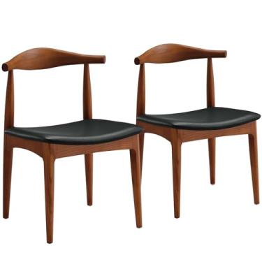 Imagem de Ytaoka Conjunto de 2 cadeiras de jantar de madeira maciça, cadeiras de jantar de meados do século, cadeiras estofadas de couro PU com encosto curvado largo, cadeiras para sala de jantar, cozinha,