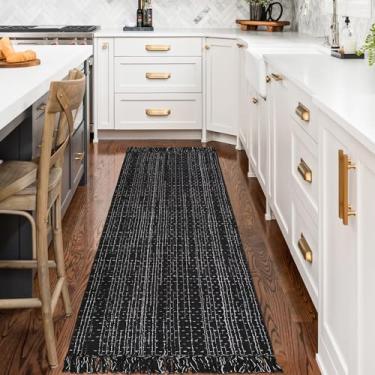 Imagem de Fixseed Tapete de corredor para cozinha, exterior, 6 x 15 m, algodão lavável à máquina, preto e branco, tapete de casa de banho com borlas, boho tapete para área interna para pia, sala de estar, casa
