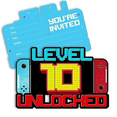 Imagem de pertnate Convites de aniversário de 10 anos para meninos, videogame, 10 anos, convites em forma de festa de aniversário com envelopes, conjunto de 20