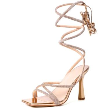 Imagem de Mostrin Sandálias femininas de salto com tiras para mulheres, salto com cadarço, bico aberto, salto alto, sandálias de amarrar para formatura, festa, uso diário, Ouro rosa brilhante, 40