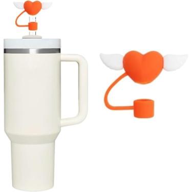 Imagem de Lindo enfeite de palha de silicone Love Wings para Stanley 30 e 1,134 g, tampa de palha à prova de respingos, capa de canudo reutilizável, capas de ponta de canudo de 10 mm para Stanle (asas laranja