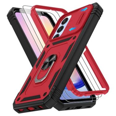 Imagem de Capa para celular Samsung Galaxy A25 5G com 2 peças protetoras de tela, suporte de anel giratório de 360°, capa protetora de grau militar para celular Samsung A25, vermelho + preto