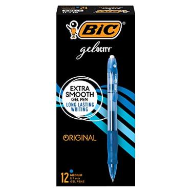 Imagem de BIC Canetas de gel azuis originais Gelocity, ponta média (0,7 mm), pacote com 12 unidades, canetas de gel retráteis com aderência confortável