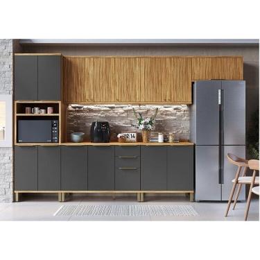 Imagem de Cozinha Modulada Completa 350cm 6 Peças 14 Portas com Tampo 100% MDF Noruega Fresada Espresso Móveis Amêndoa/Cinza