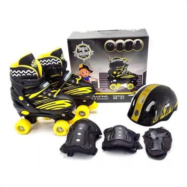 Imagem de Patins Infantil 4 Rodas com Kit de Proteção Tam. 34 a 37 Preto e Amare