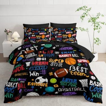 Imagem de Nttopship Jogo de cama King com bola esportiva, futebol, rúgbi, basquete, para crianças, meninos, meninas, jovens, com tema esportivo, 7 peças, cama em uma bolsa