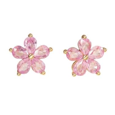 Imagem de Brincos femininos delicados de flor de zircônia cúbica rosa fofa, brilhante, floral, banhado a ouro 18 k, hipoalergênico, cartilagem, orelha sensível, moda, festa de casamento, formatura, bijuteria