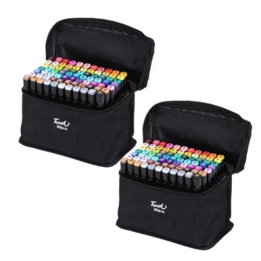 Imagem de Kit Estojo 2 Bolsa Canetinhas Ponta Dupla Escolar 80 Cores Marcador De