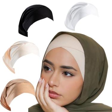 Imagem de LMVERNA 4 peças de boné de hijab muçulmano para mulheres, turbante transfronteiriço, sob o cachecol, gorro de jérsei islâmico, Bk+wt+be+lkq, M