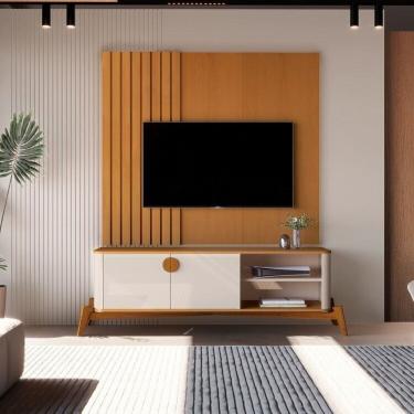 Imagem de Painel Boto Ripado + Bancada Buriti 1.4 Curva com Pés e Puxadores em Madeira Maciça Marrom/Offwhite