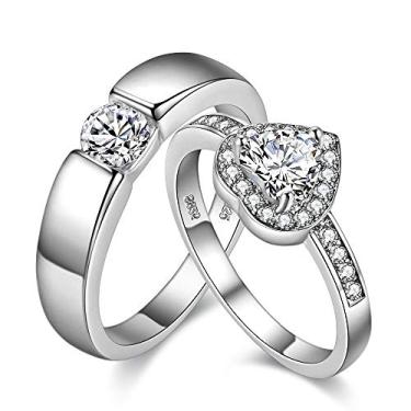 Imagem de Uloveido Um par de anéis de noivado para ele e ela banhado a platina coração aliança de noivado para mulheres e homens Dia dos Namorados Presentes para casais J002M Branco