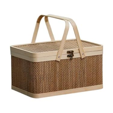 Imagem de Cesta de frutas Cesta de frutas de bambu cesta de tecido natural-amigável cesta de piquenique de bambu com tampa portátil lanches cesta de armazenamento de pão Tigela de cesta de frutas