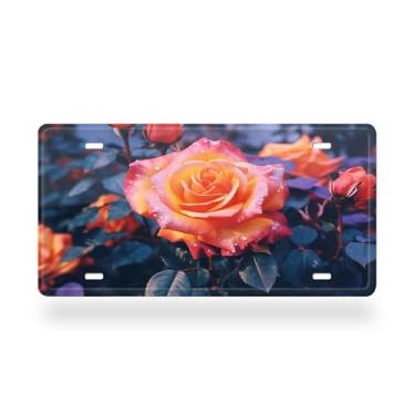 Imagem de Capa de placa de licença com imagem noturna de flor de botão de rosa laranja - etiqueta artística de alumínio para carro, à prova de ferrugem, design exclusivo novidade - 15 x 30 cm