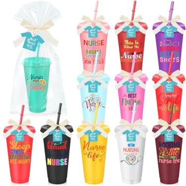 Imagem de Teenyyou 12 conjuntos de copos de agradecimento de enfermeiras com canudos e tampas, presentes de enfermeira a granel, copos de plástico reutilizáveis de 680 g, garrafas de água gelada multicoloridas