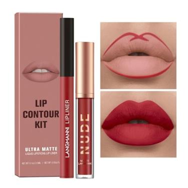 Imagem de MIELIKKI Conjunto de 2 peças de batom líquido fosco e delineador labial, kit de maquiagem para lábios One Step, copo antiaderente + delineador labial, altamente pigmentado, impermeável, de longa