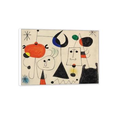 Imagem de Joan Miró Imagem de arte de parede em tela - reprodução de obras de arte famosas abstratas - pinturas com moldura branca para decoração de sala de estar (personagens e pássaros à noite) 50 x 70 cm -