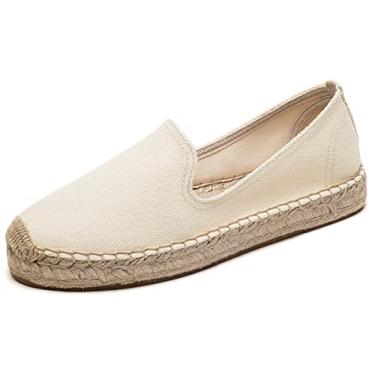 Imagem de U-lite Mocassim feminino clássico sem cadarço casual plataforma bico bico simples alpargata lona, Bege (tamanho pequeno, tamanho acima), 39