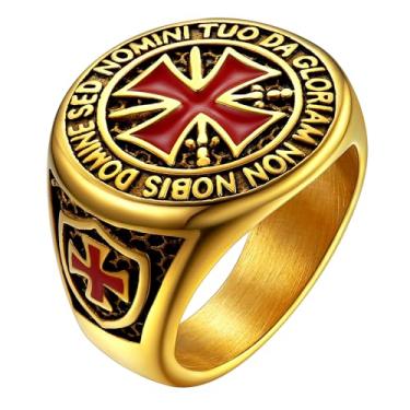 Imagem de FaithHeart Anel masculino cruzado de aço inoxidável com cruz de Jerusalém com anel de dois tons banhado a ouro 18K tamanho 7,8,9,10,11,12, Aço Inoxidável, Sem pedras preciosas