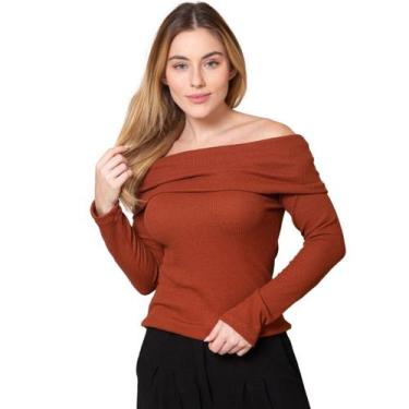 Imagem de Blusa Feminina Ombro a Ombro Manga Longa Wafle - Maranne, Terra cota, 