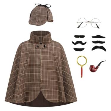Imagem de yolsun Fantasia de detetive para crianças, fantasia de Sherlock Holmes, 6 peças com capa de detetive e chapéu, roupa divertida de detetive para o Dia das Bruxas, Marrom, 40cm/15.7inches
