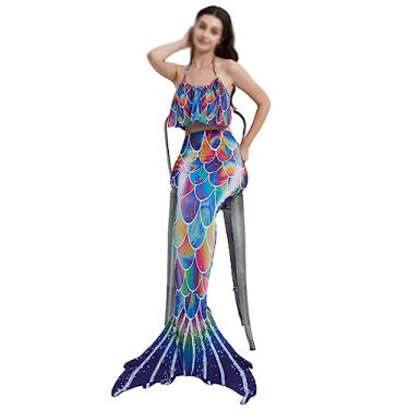 Imagem de LOMDEM Fantasia de cosplay adulto verão sereia conjunto 3 peças de palco performance fantasia sereia sling e cauda de peixe vestido de princesa, multicolorido-S