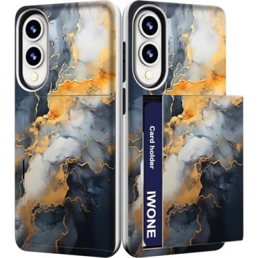 Imagem de IWONE Capa para celular compatível com Samsung Galaxy S25 Edge fofa com suporte para cartão/carteira à prova de choque para mulheres - pintura de redemoinhos de pedra natural em mármore amarelo cinza