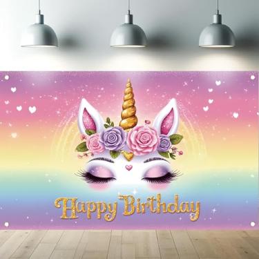 Imagem de Starlit Patio Faixa de fundo de unicórnio de feliz aniversário, design de decoração de festa para celebrações de aniversário, suprimentos para festas, meninas, aniversário, pano de fundo, pôster para
