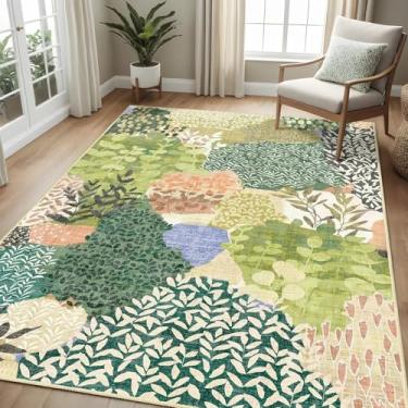 Imagem de DEXDE Tapete lavável 7 x 12 cm para sala de estar, tapetes botânicos tropicais vintage de folhas antiderrapantes e macios para quarto de crianças, tapete boêmio pequeno abstrato para quarto, entrada