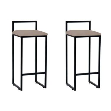 Imagem de Kit 2 Banquetas Alta Industrial Aço Preta Assento Bege Preto