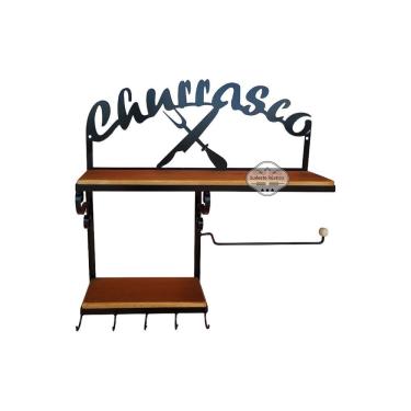 Imagem de Prateleira Churrasco Porta Papel Toalha Em Madeira De Demolição E Ferro Sudeste Rústico