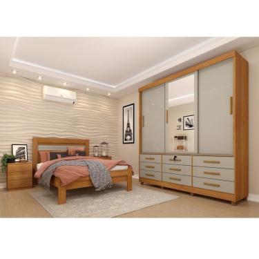 Imagem de Quarto Completo Roupeiro 3 Portas, Cama Casal E Mesa De Cabeceira Chicago Tcil Móveis Cinamomo/Off White