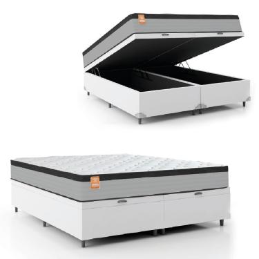 Imagem de Cama Box Baú Colchão Casal Queen Molas Ensacadas Real 158x198x68cm Linho Branco/Preto Inducol Cinza