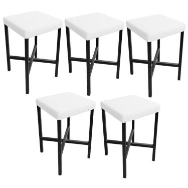 Imagem de Kit 5 Banquetas Stella Assento Plástico Base Fixa Estrutura Ferro Altura 47 cm Branco Cozinha