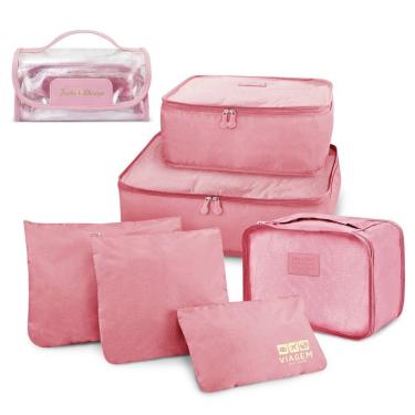Imagem de Kit Organizador De Malas 6 Peças + Necessaire Rocambole Rosa