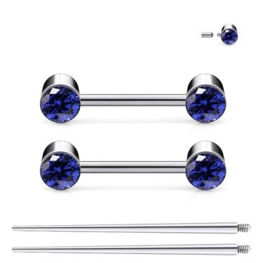 Imagem de Ruifan Piercing de mamilo com rosca interna de titânio joia redonda azul CZ língua anéis de barra reta piercing corporal joias para mulheres homens 14G 14 mm com cone de piercing reto