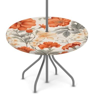 Imagem de Tangopi Toalha de mesa redonda com folhas de flores laranjas brilhantes com orifício para guarda-chuva e zíper oculto capa de mesa elástica à prova d'água protetor de mesa para pátio (114 a 142 cm)