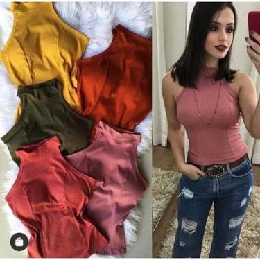 Imagem de Blusa justa canelada gola alta com bojo fashion - Filó Modas, m, Azul 