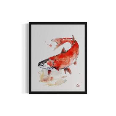 Imagem de Pôster de impressão de arte de salmão, pintura em aquarela de animais marinhos, decoração de parede de criatura náutica de peixes, sala de estar, banheiro 59 (salmão, 20 x 25 cm, sem moldura)