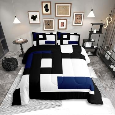 Imagem de Erosebridal Conjunto de edredom listrado preto e branco, tamanho casal, geométrico abstrato, quadrado, para crianças, adolescentes e adultos, colcha moderna com listras geométricas, linhas ousadas