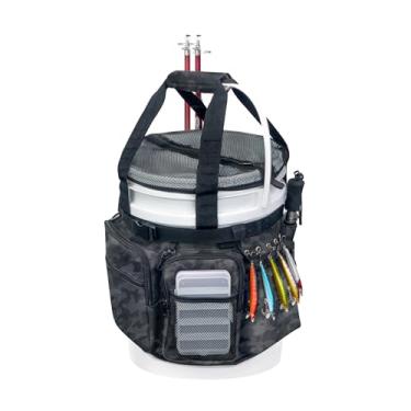 Imagem de WTVIDAS Organizador de balde de pesca com tampa de balde, bolsa para equipamento de pesca no gelo com suporte para haste e alicate, vários bolsos para pesca em balde de 5 galões e acessórios