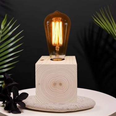 Imagem de Luminária Abajur de Mesa Cubo em Madeira Premium – 2 unidades |Sala |Quarto |Escritório | Cabo 1,20cm e Interruptor | Estilo Rústico |Industrial | Minimalista | Moderno - by Ateliê TH Wood Art