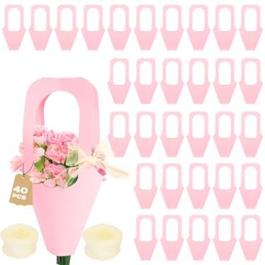 Imagem de FHUIEWRY 40 peças de sacos de presente de flores de papel kraft com alça, papel de embrulho de buquê com fita brilhante, saco floral de cone para florista de festa de formatura de casamento (rosa