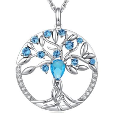 Imagem de jiamiaoi Colares de árvore da vida banhados a ouro branco 18K para mulheres, pingente de árvore da vida de zircônia cúbica com pedra do nascimento, vem com caixa de presente, ótimo presente para