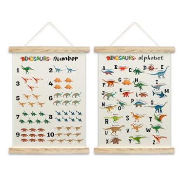 Imagem de OZTEMETY Moldura para pôster de números do alfabeto de dinossauro, tabela de números 1-10 para crianças para parede, pôsteres de aprendizagem infantil, decoração de sala de aula infantil para sala de