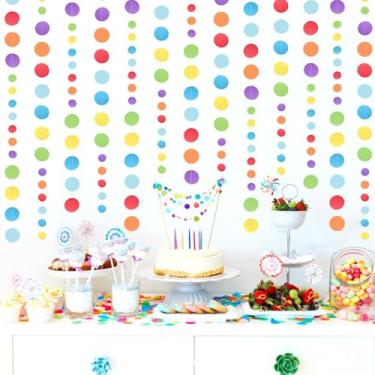 Imagem de 5 peças guirlanda de arco-íris com glitter colorido círculo, guirlanda de bolinhas PLULON 1,8 m de papel pendurado, faixa de fundo para decoração de festa de arco-íris, aniversário, chá de bebê, sala