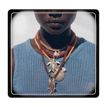 Imagem de Doubnine Colar trançado em camadas com pingentes de tartaruga marinha e pérola, dourado, vermelho e marrom, conjunto de 4